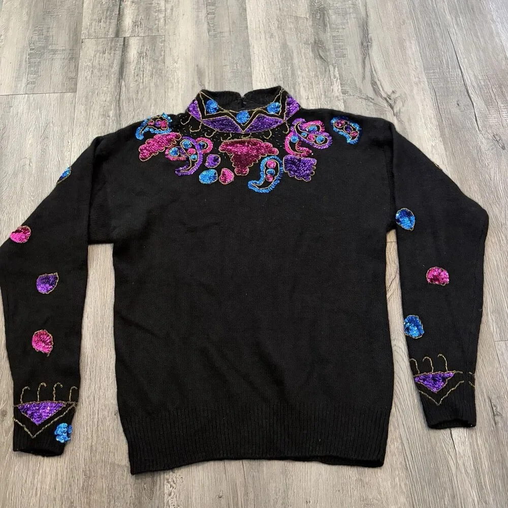 Vintage 80s Sweater Joule Energy Womens Medium Black Pink Bead Gems Angoral Silk